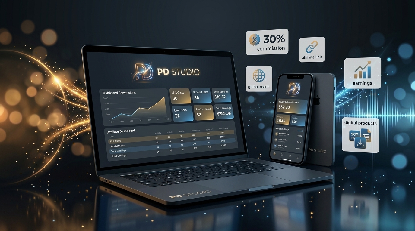 PD Studio affiliate dashboard showing traffic, conversions and earnings